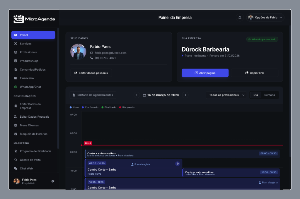 Dashboard do sistema MicroAgenda